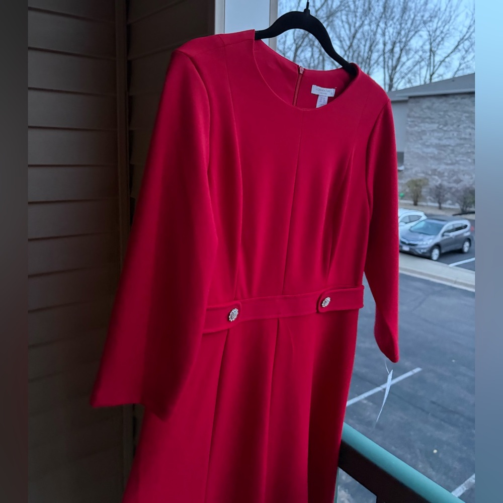 🆕 ✨London Times Red Midi Dress Petite 12P Rhinestone Elegant Office Silhouette - Picture 5 of 15